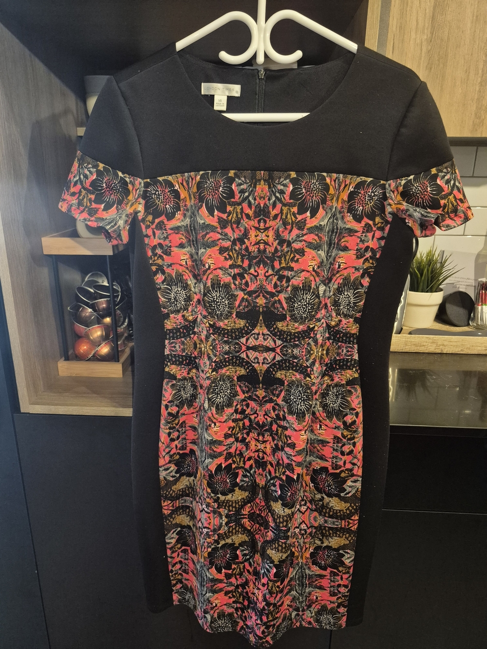 London Times Black Mini Dress with Coral Floral Panel